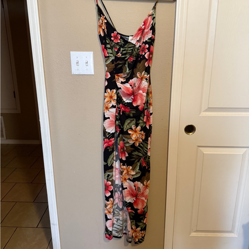 Floral Maxi Slit Dress - Black and Pink